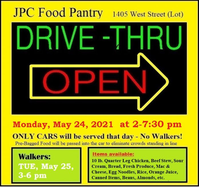 The JPC DriveThru Free Food Giveaway Monday, May 24 2 pm to 730 pm